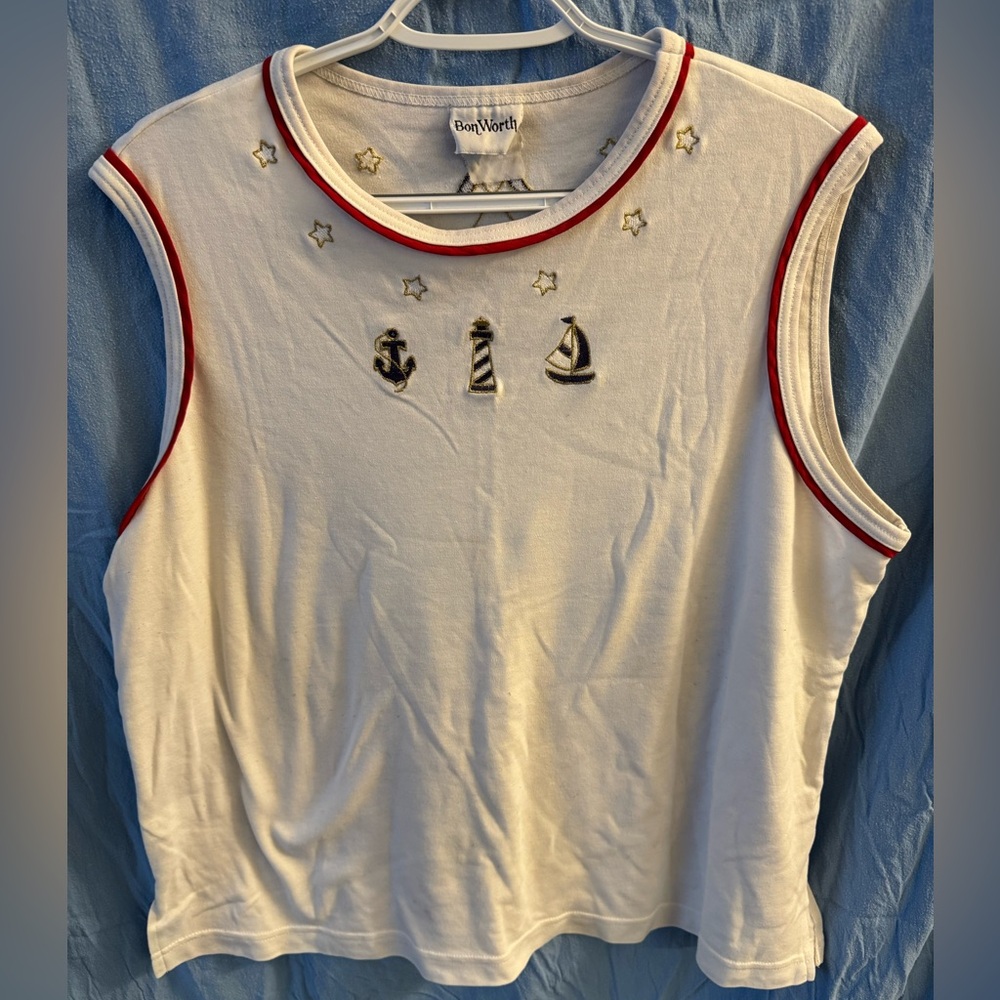 Vintage BonWorth White Nautical Embroidered Tank with Red Trim
